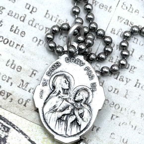 Vintage Saints Dominic and Ann Religious Medal Charm Pendant Long Chain Necklace - Picture 6 of 13